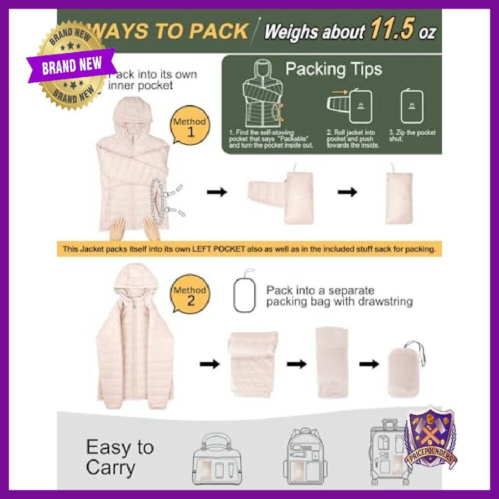 Packable Lightweight Puffer Jacket with Hood, Ful… - image 3